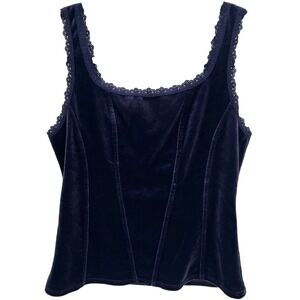 ARIANNE Y2K Navy Blue Lightweight Velvet Lace Trim Tank Top Camisole Medium